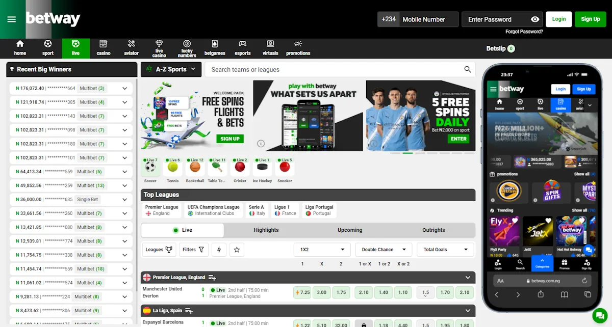 Betway Live Betting and Mobile Casino Screenshot